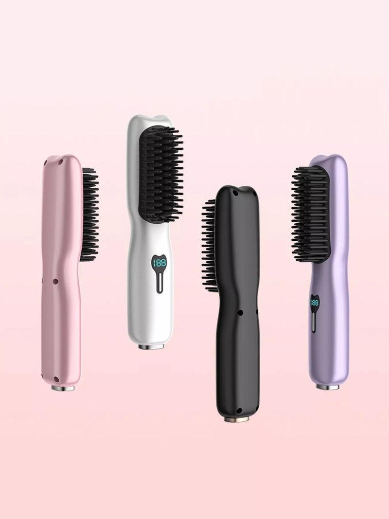 Portable heated hair straightening comb in blush pink
