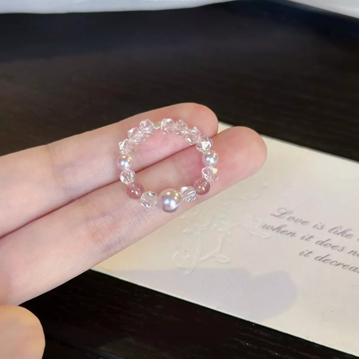 Pearl and crystal bead ring detail view