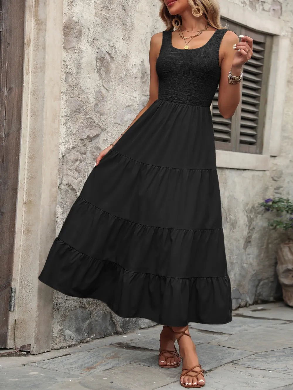 Smocked Scoop Neck Tank Maxi Dress, front view