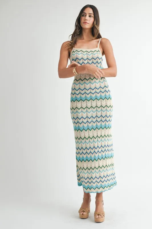 MABLE Lightweight Pointelle Chevron Knit Maxi Dress - Fashorio
