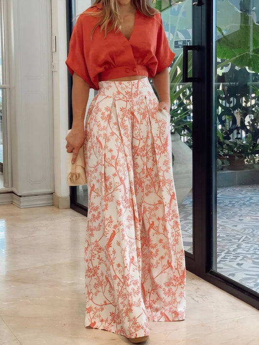 Surplice Top and High Waist Pants Set Orange-Red - Fashorio