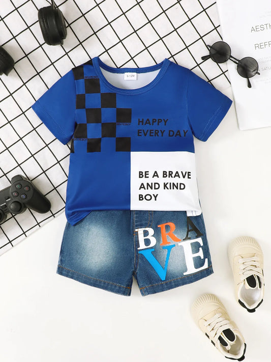 Children's Letter Round Neck Top and Denim Shorts Set Navy - Fashorio