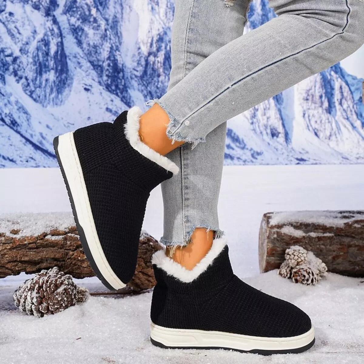 Cozy knit ankle boots in Chocolate, side profile