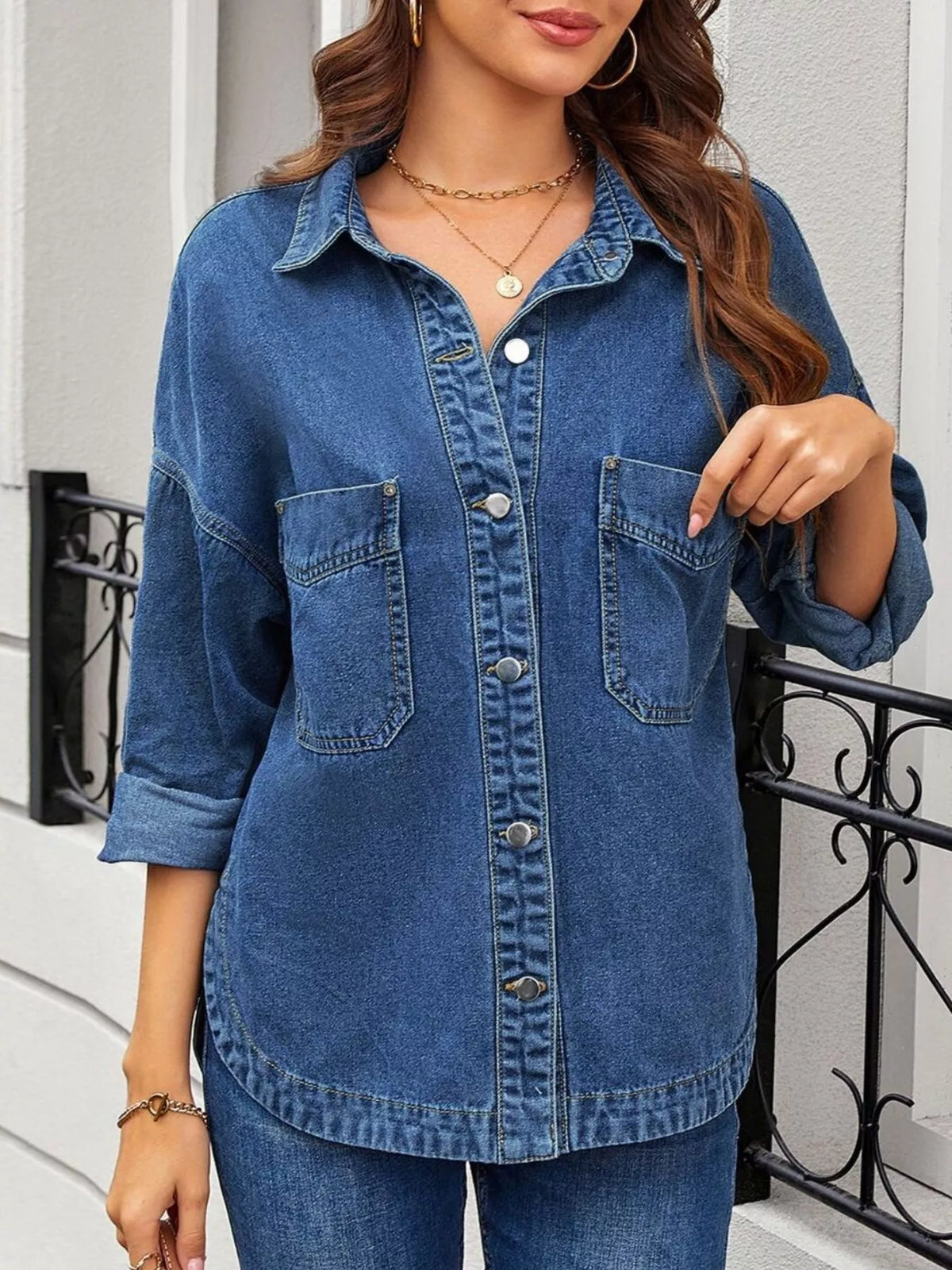 Loose Fit Button Up Denim Jacket in Light Blue close up