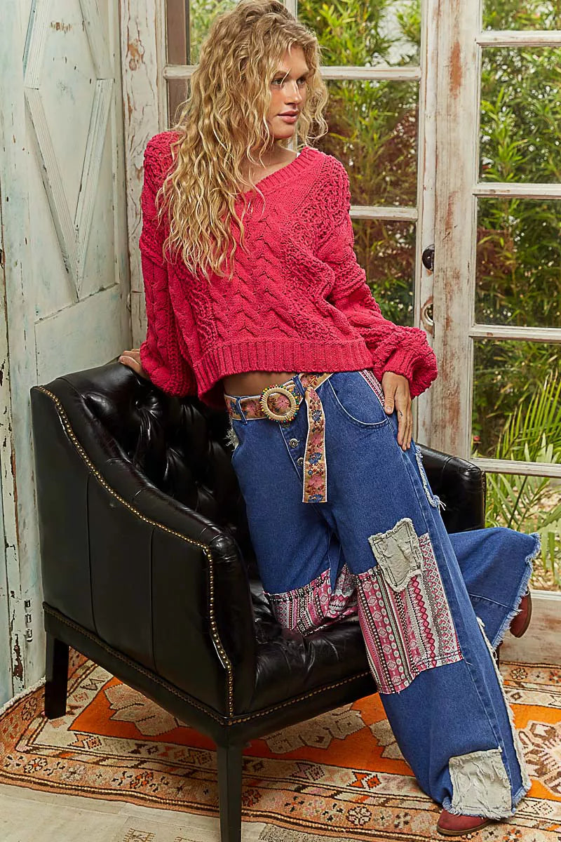 Cable Knit Cropped V Neck Sweater in Fuchsia on model