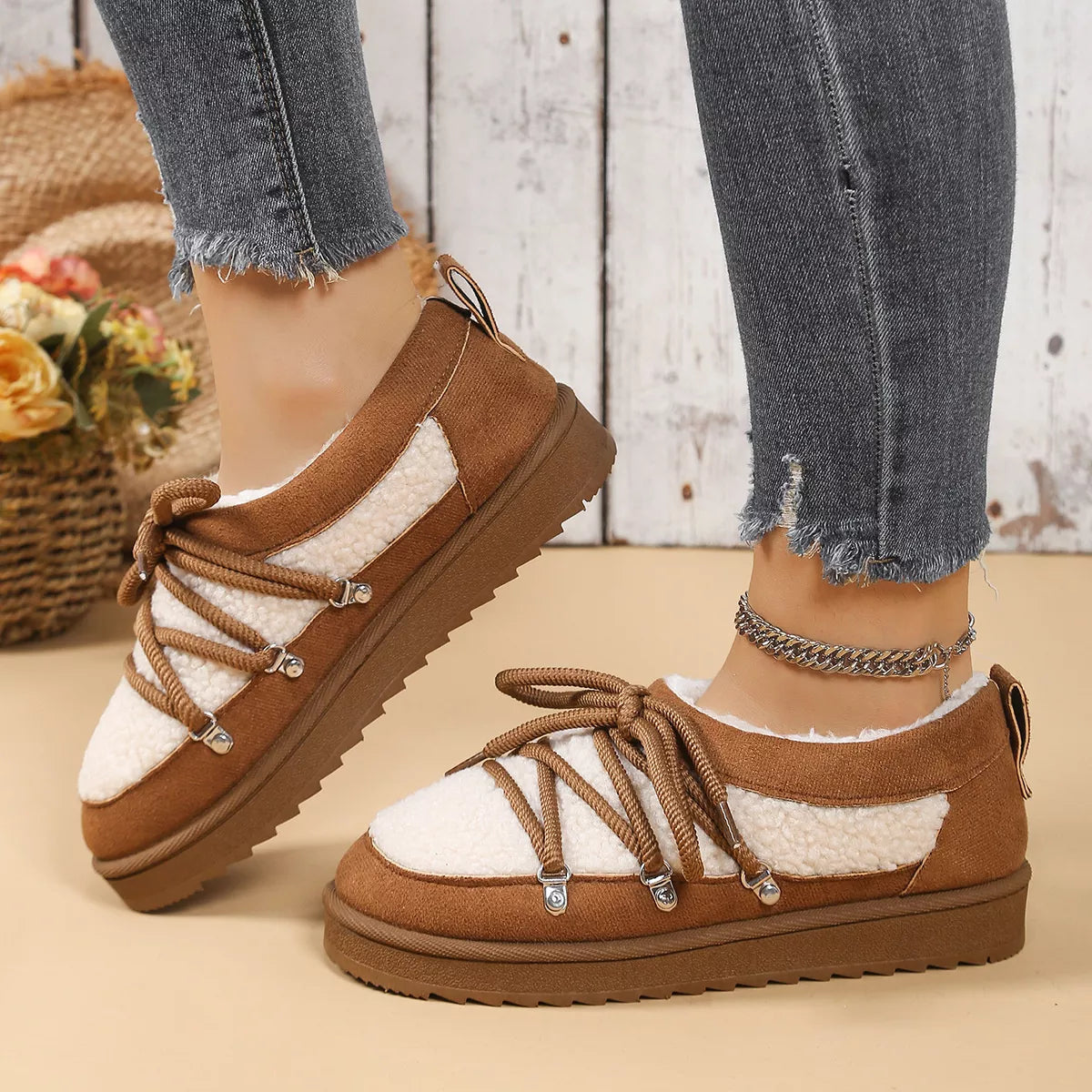 Lace Up Round Toe Platform Ankle Boots close up of the upper