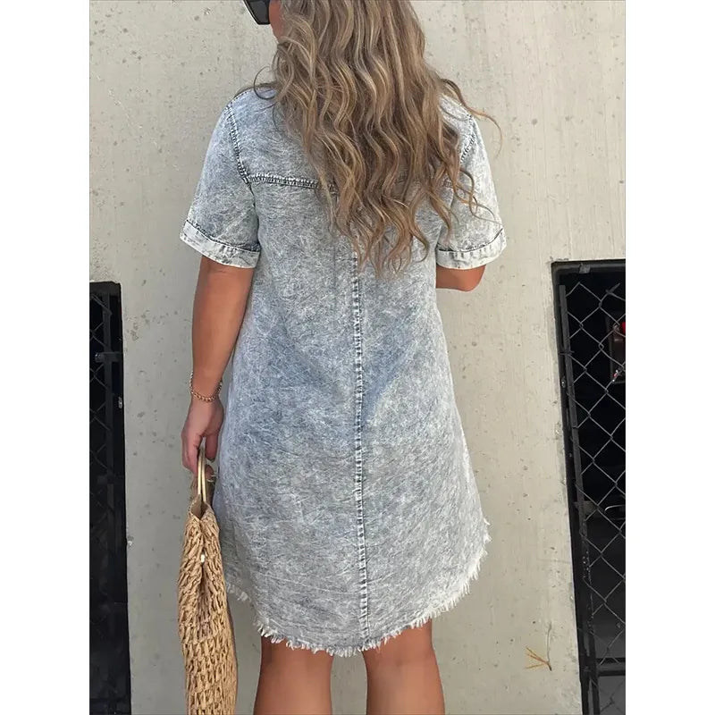 Full Size Raw Hem Short Sleeve Denim Dress Plus Size - Fashorio