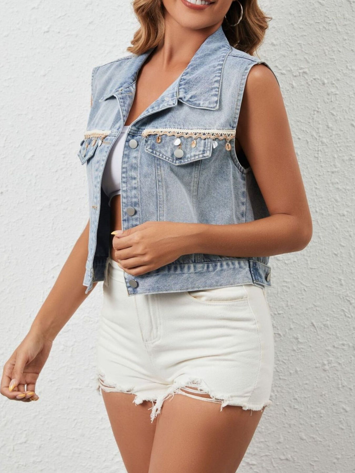Button Up Denim Vest in Dark Blue styled look