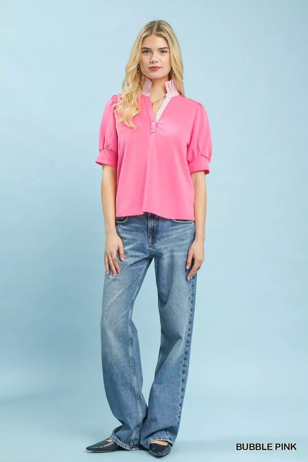 Umgee bubble pink striped collar popover top, side view