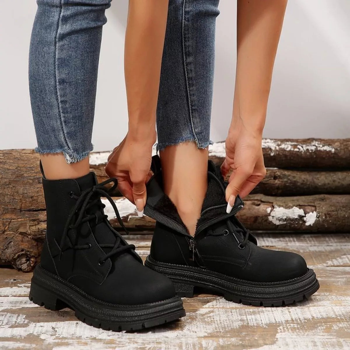 Round toe lace up platform boots side profile