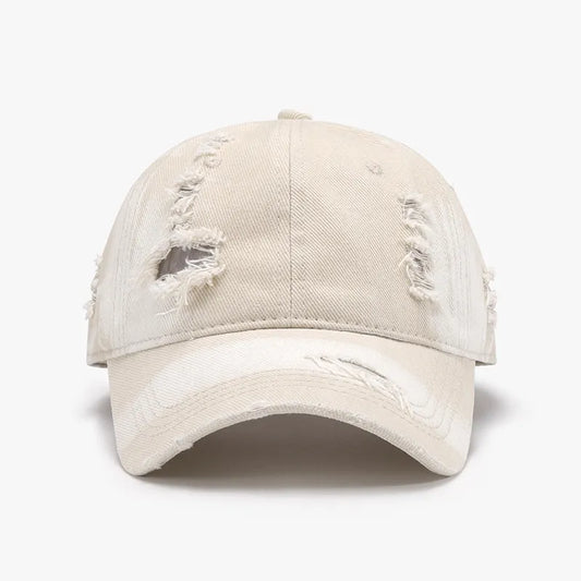 Distressed Adjustable Cotton Baseball Cap Ivory One Size - Fashorio