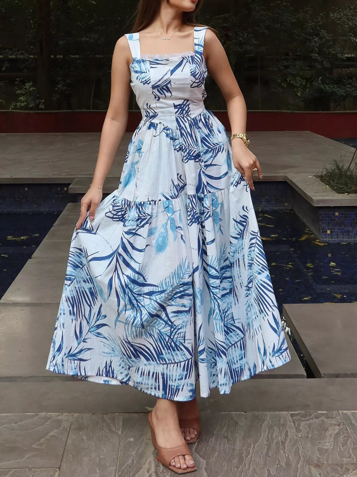 blue tropical print tiered lace maxi dress side view