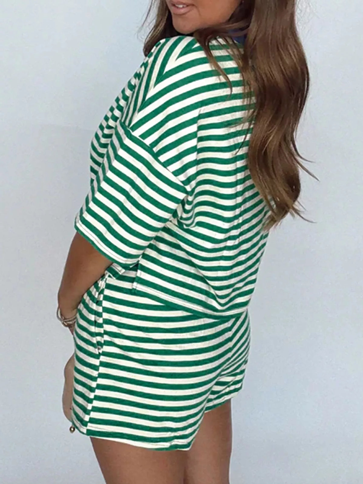 Striped boxy tee and shorts side view