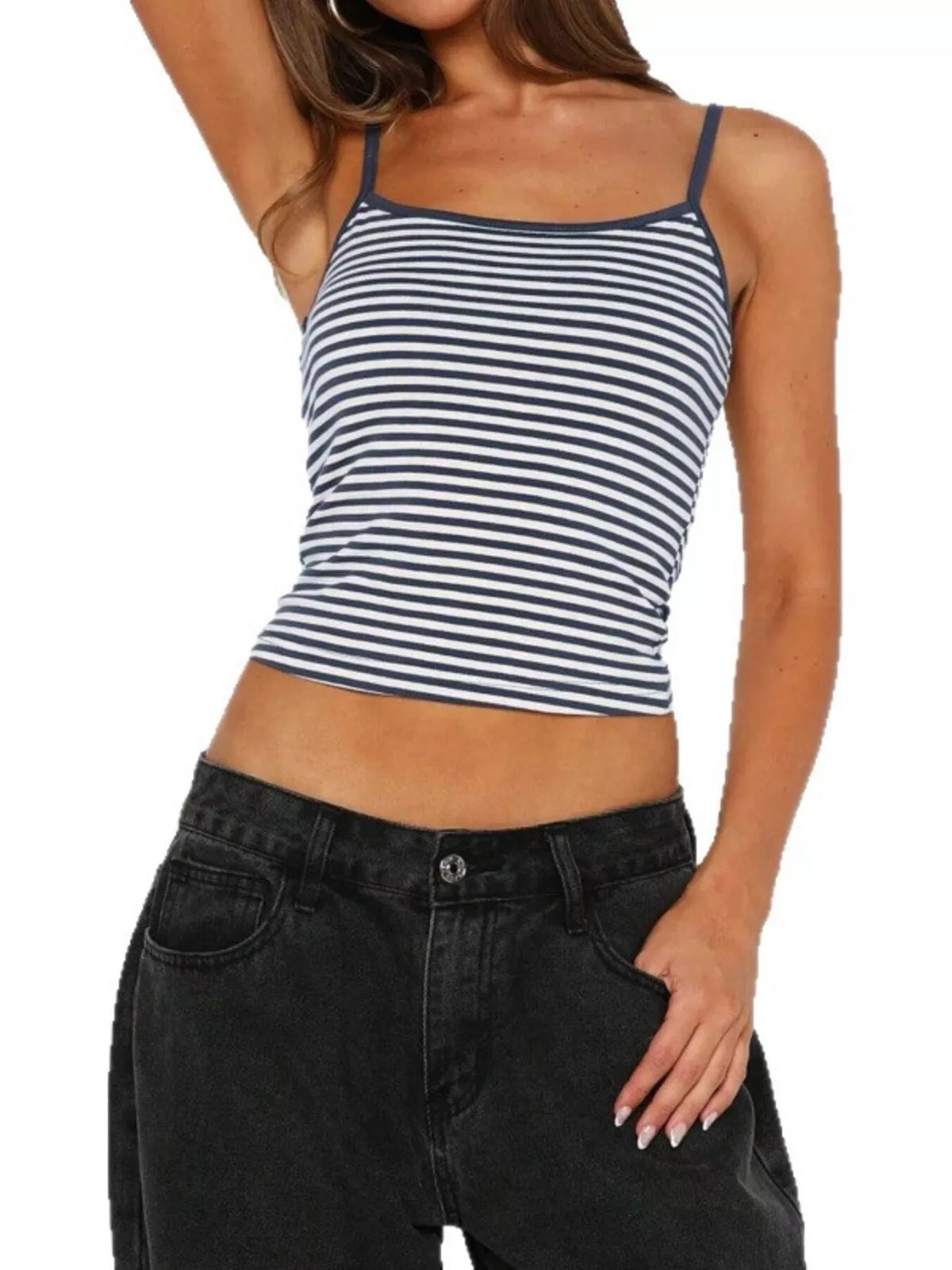 Striped scoop neck cropped cami styled view