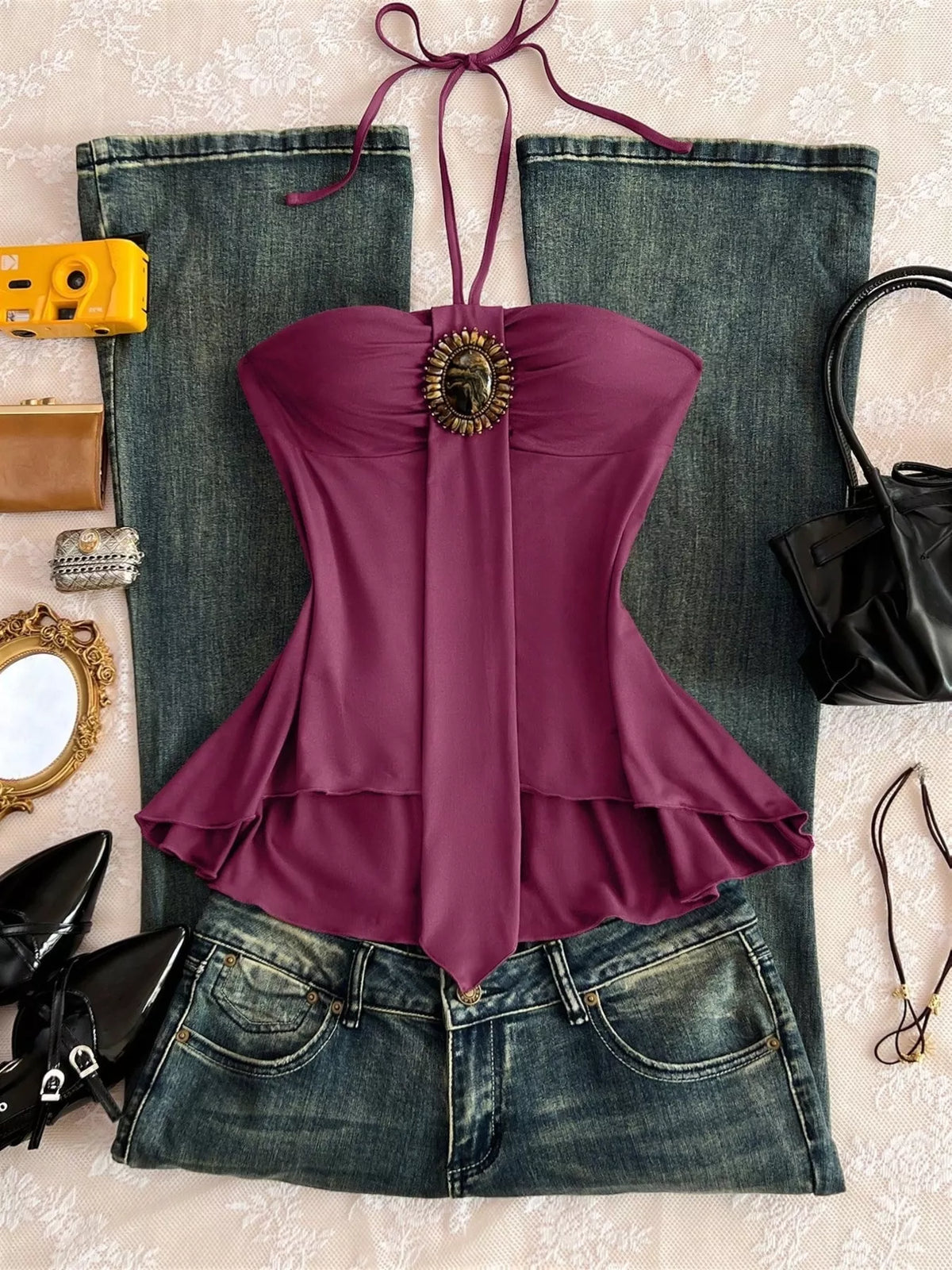 Embellished halter cami shown in a third colourway