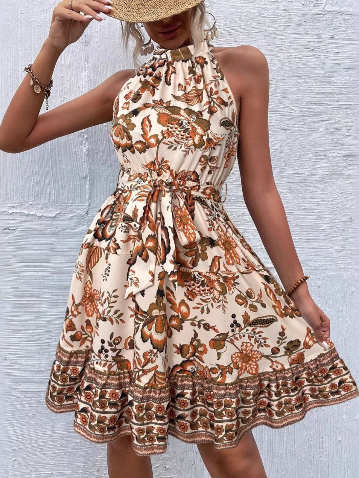Printed sleeveless tie waist midi dress styled outfit view