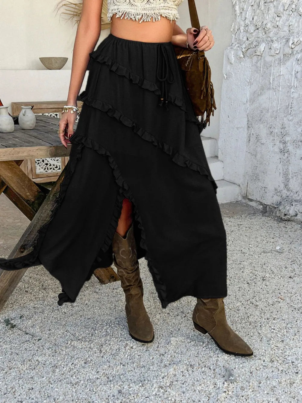 Slit Drawstring Ruffled Maxi Skirt, view 20