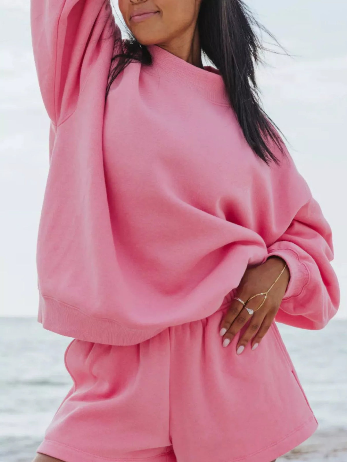 Relaxed Fit Round Neck Sweatshirt and Shorts Set, view 6