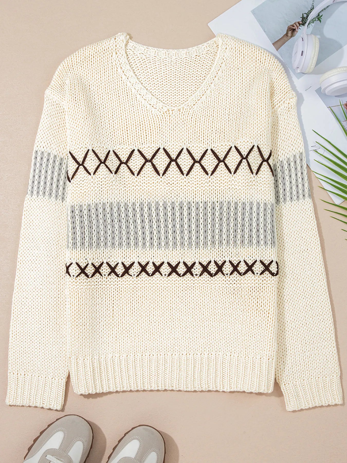 Contrast Stitch Detail V Neck Drop Shoulder Sweater - Fashorio