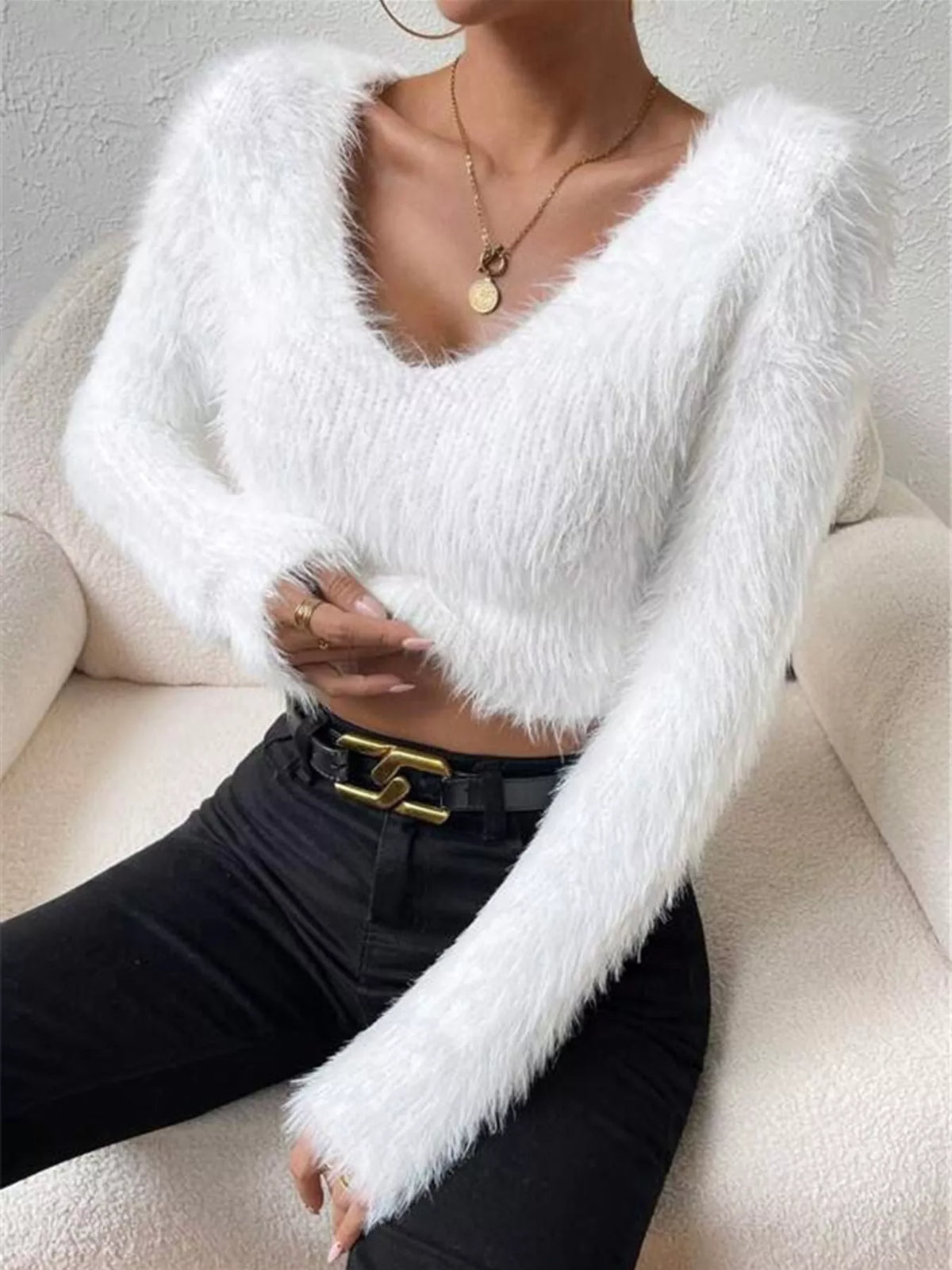 Plush V-neck sweater color option