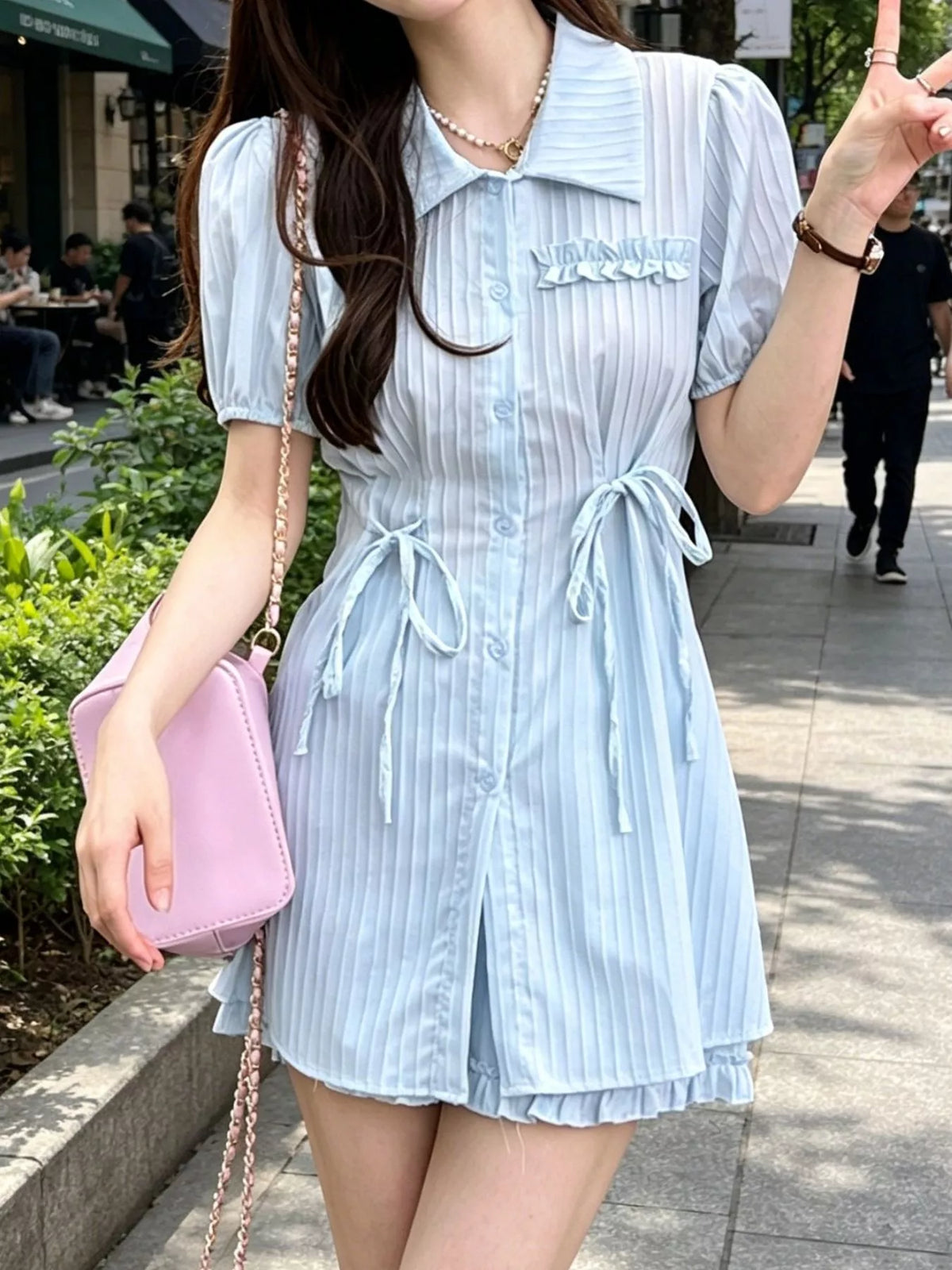 Ruffle tie button up shirt and shorts set detail