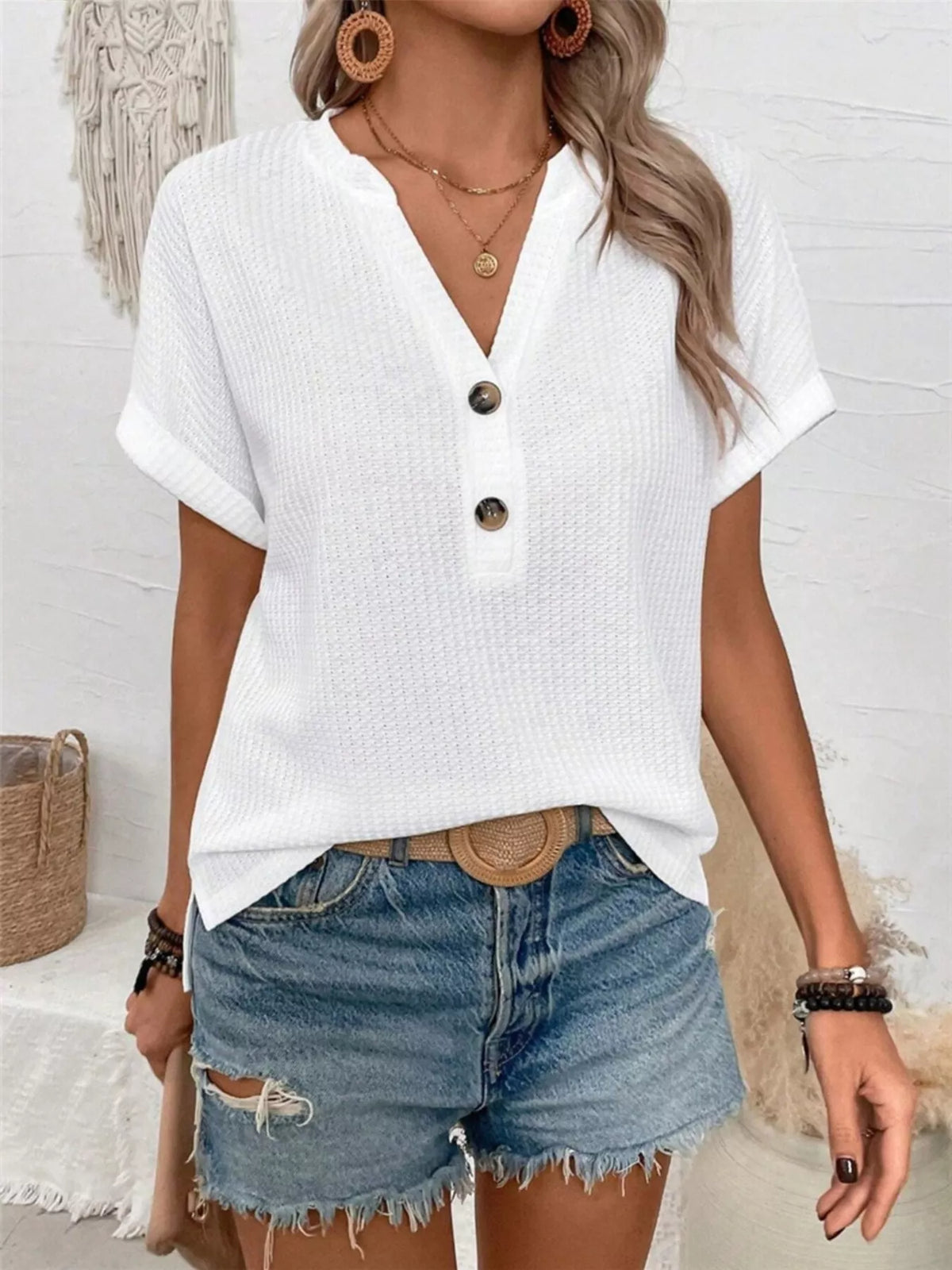 Waffle knit short sleeve tee front view
