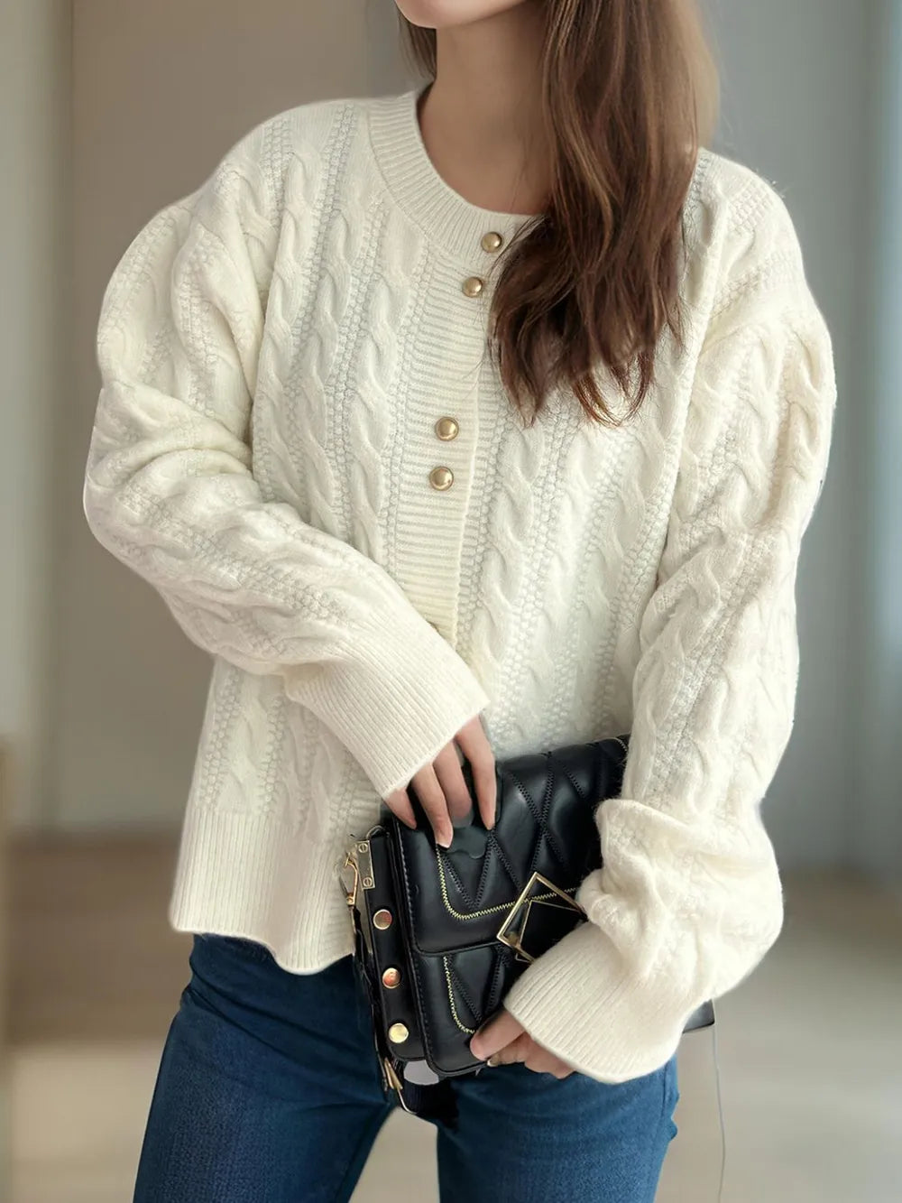 Cable-Knit Round Neck Long Sleeve Cardigan - Fashorio