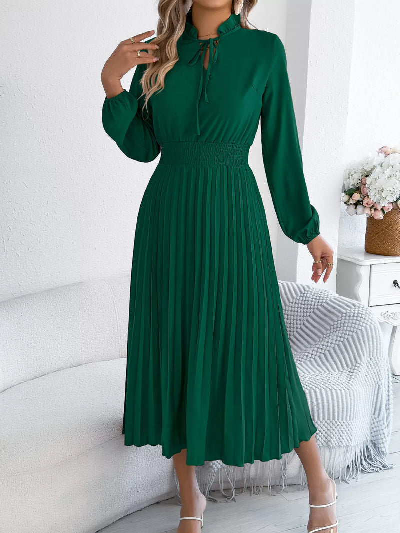 Smocked pleated tie neck midi dress front view