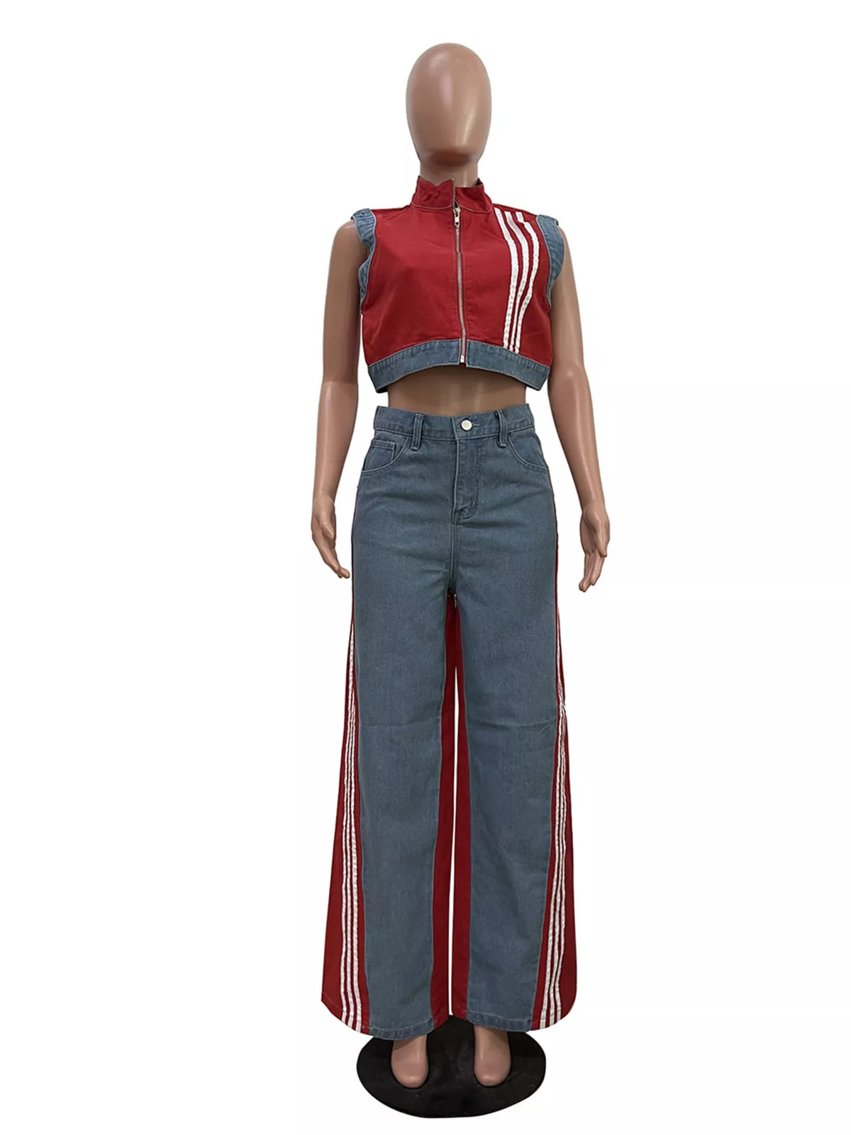 Zip Front Crop Top and Striped Pants Set, view 12