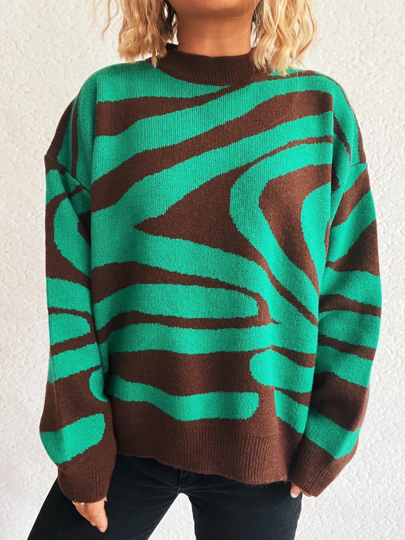 Zebra Print Round Neck Sweater - Fashorio
