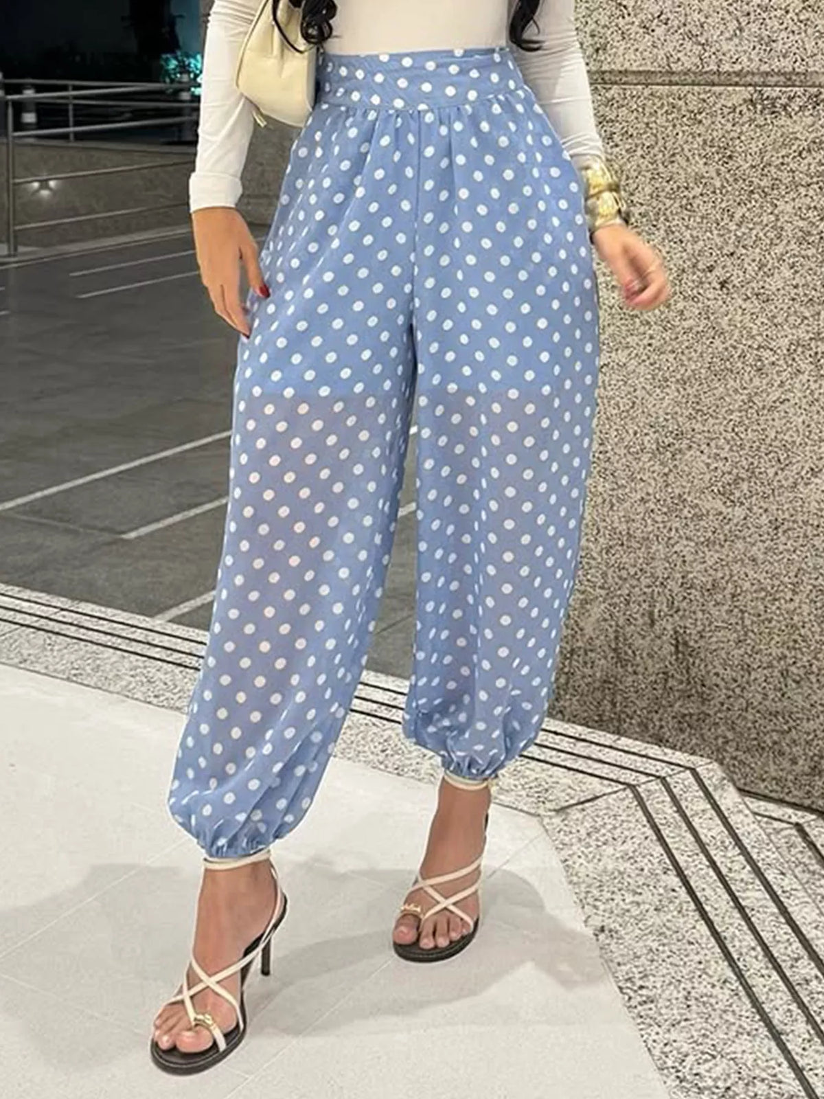 Blue polka dot wide leg pants front view