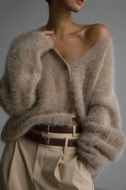 Fuzzy Button Down Long Sleeve Cardigan Khaki - Fashorio
