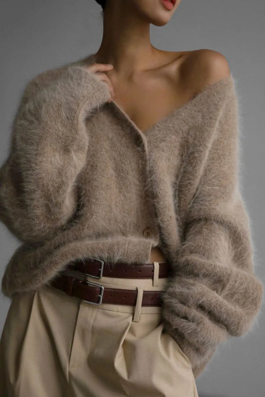 Fuzzy Button Down Long Sleeve Cardigan Khaki - Fashorio