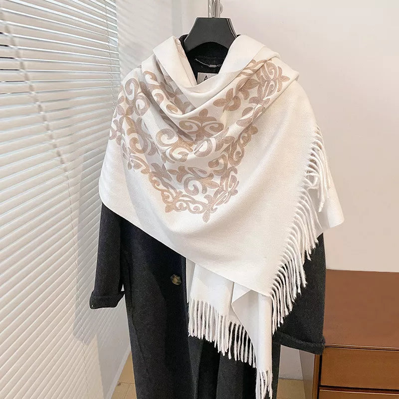 Boho printed fringe hem scarf around the neck