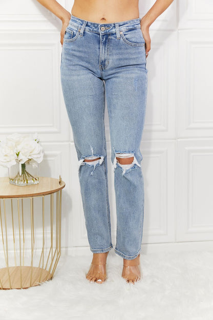 Kancan High Rise Distressed Slim Straight Jeans – Light Wash Denim Light Blue - Fashorio