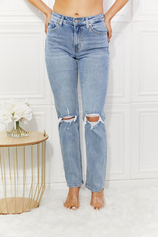 Kancan High Rise Distressed Slim Straight Jeans – Light Wash Denim Light Blue - Fashorio