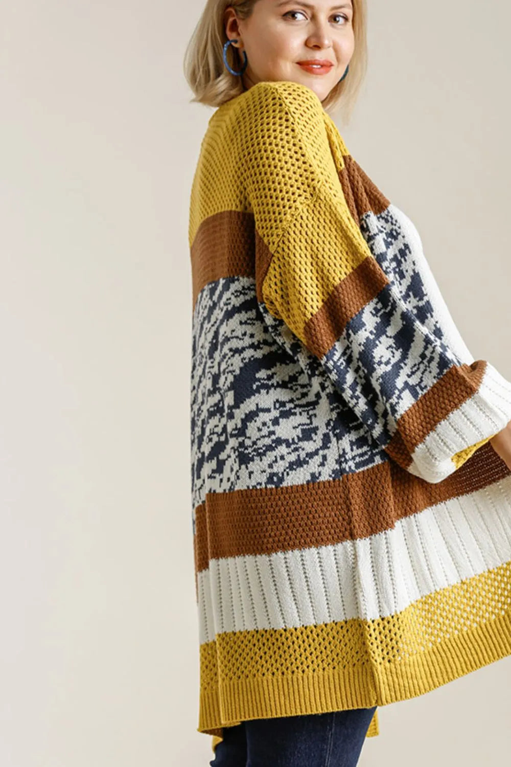 Umgee Full Size Color Block Open Front Longline Cardigan Plus Size - Fashorio