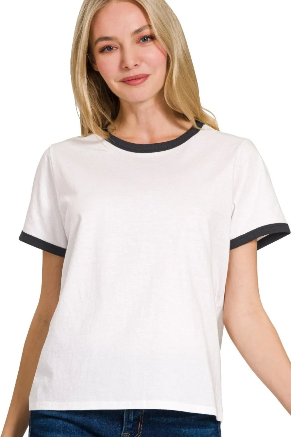 Zenana Contrast Binding Short Sleeve Tee Shirts Black - Fashorio