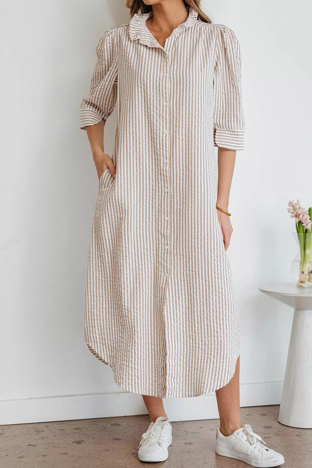 Striped shirt dress full length styling view