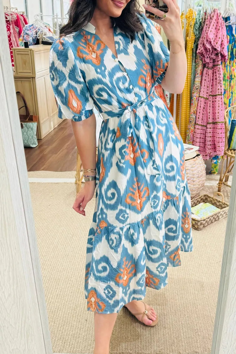 Floral puff sleeve button down midi dress in light blue front view