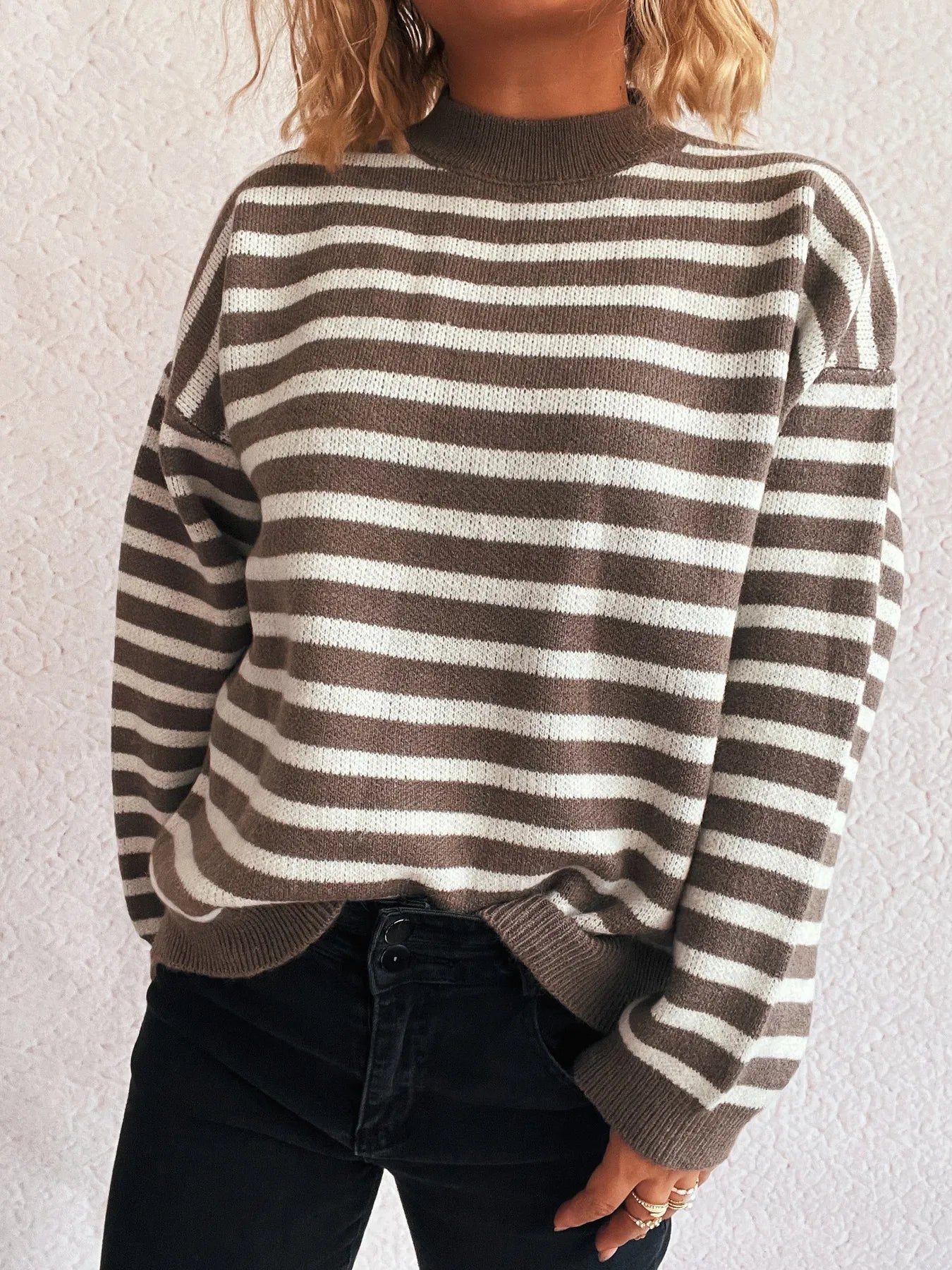 Striped Mock Neck Long Sleeve Sweater - Fashorio