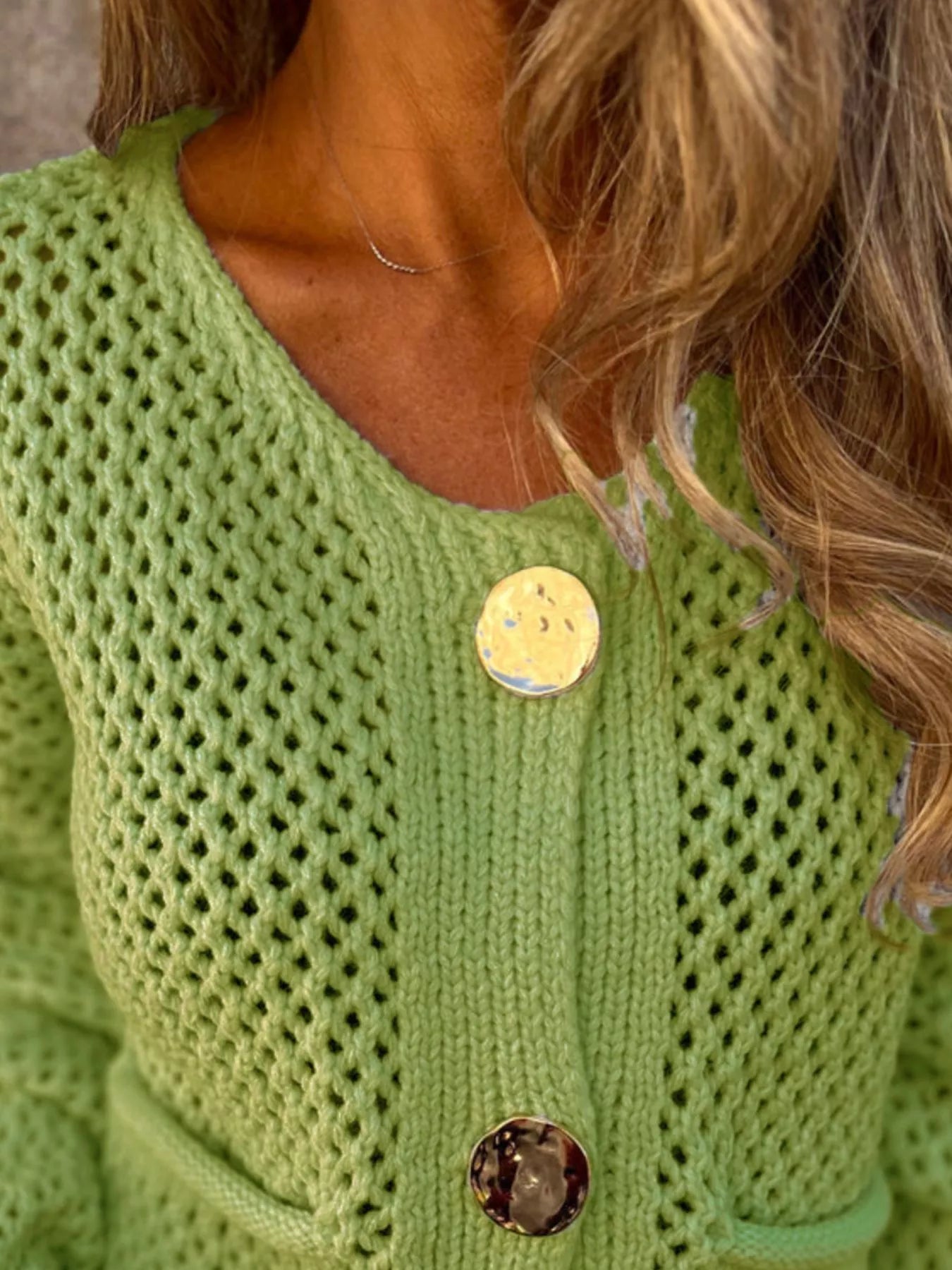 Crochet Button Up Long Sleeve Cardigan - Fashorio