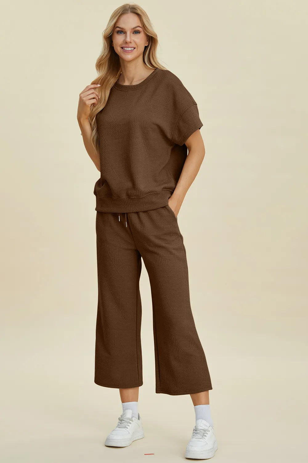 Double Take Full Size Texture Round Neck Top and Pants Set - Fashorio