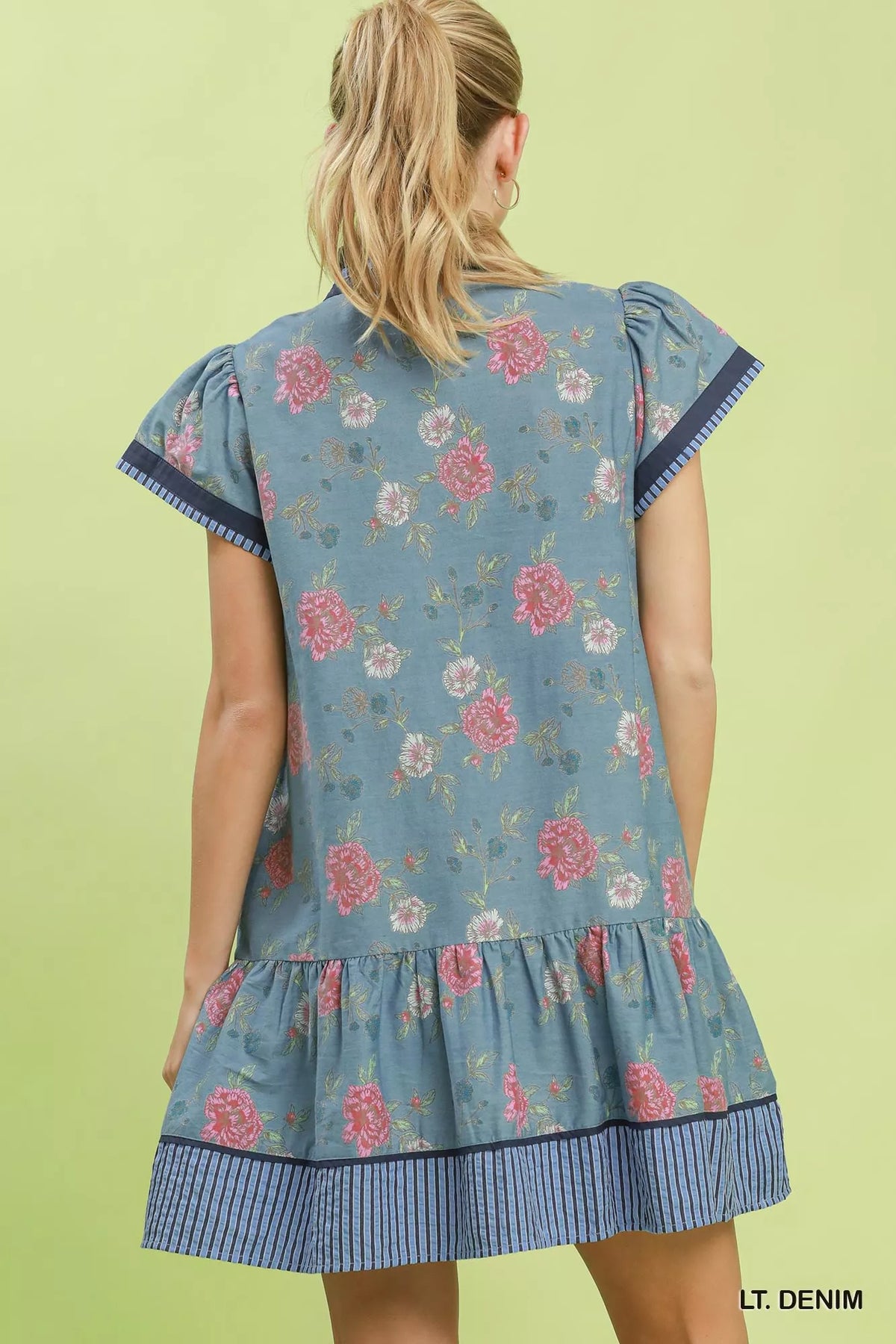Floral cap sleeve mini dress side view with pocket