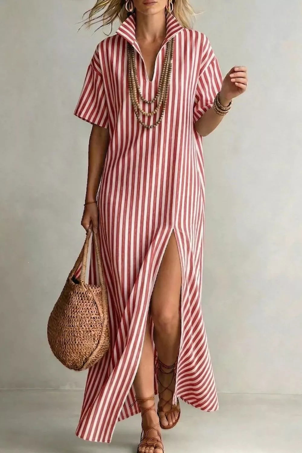 Striped high slit maxi dress fabric detail