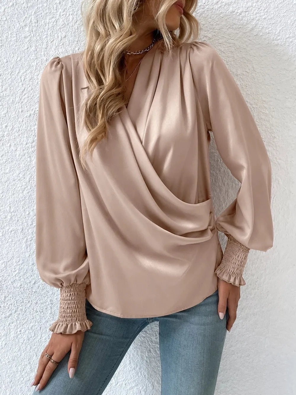 Surplice Smocked Lantern Sleeve Blouse - Fashorio