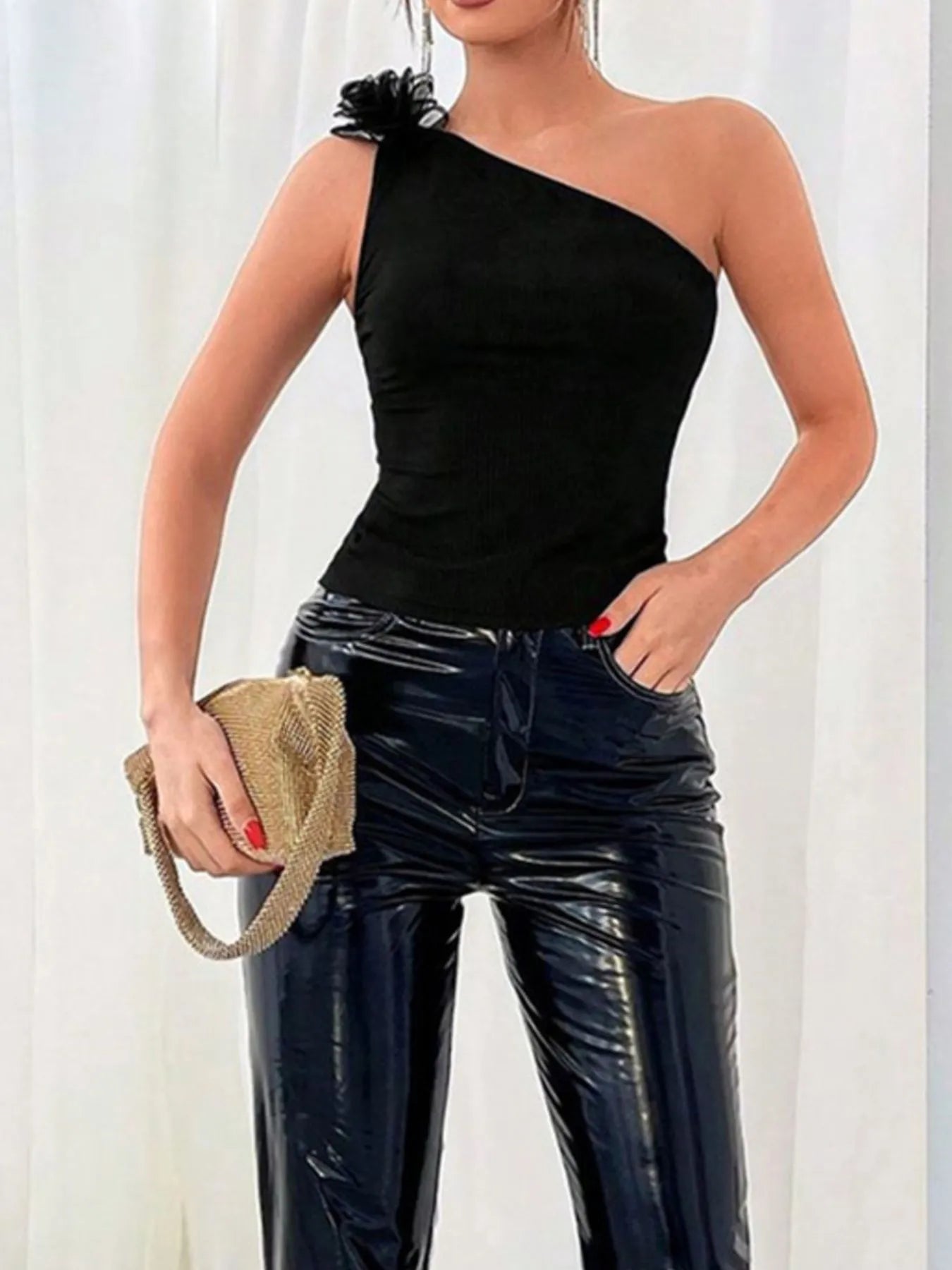 Flower Ribbed Single Shoulder Tank Black - Fashorio