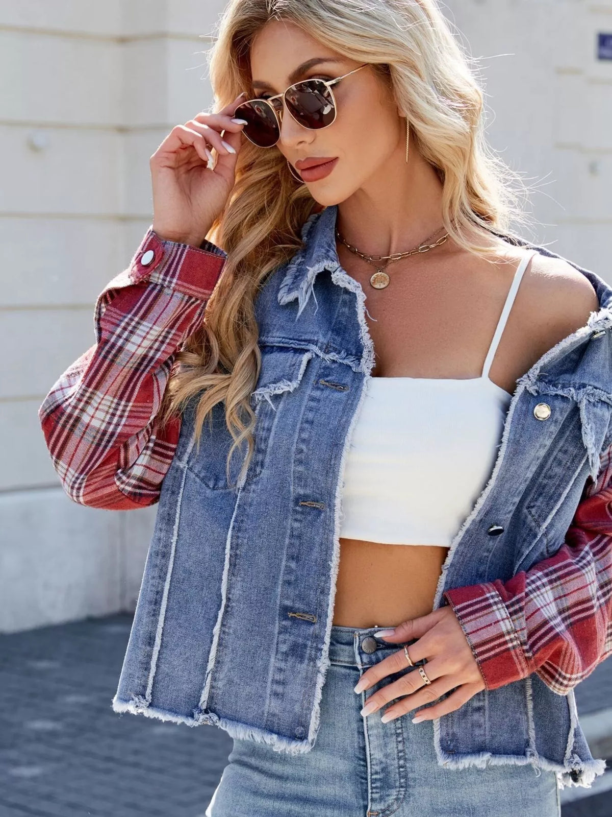 Plaid Sleeve Raw Hem Denim Jacket in Dusty Blue on model