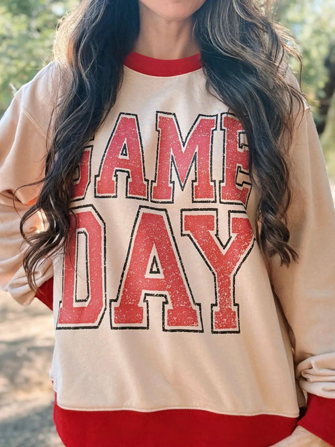 GAME DAY Letter Graphic Round Neck Sweatshirt Tan - Fashorio