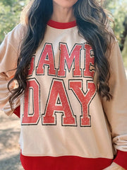 GAME DAY Letter Graphic Round Neck Sweatshirt Tan - Fashorio